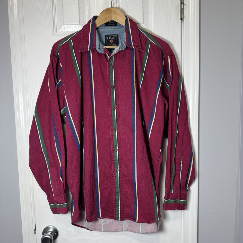 Chaps Ralph Lauren Mens L Shirt Red Green Stripe Button Front Brushpopper Crest